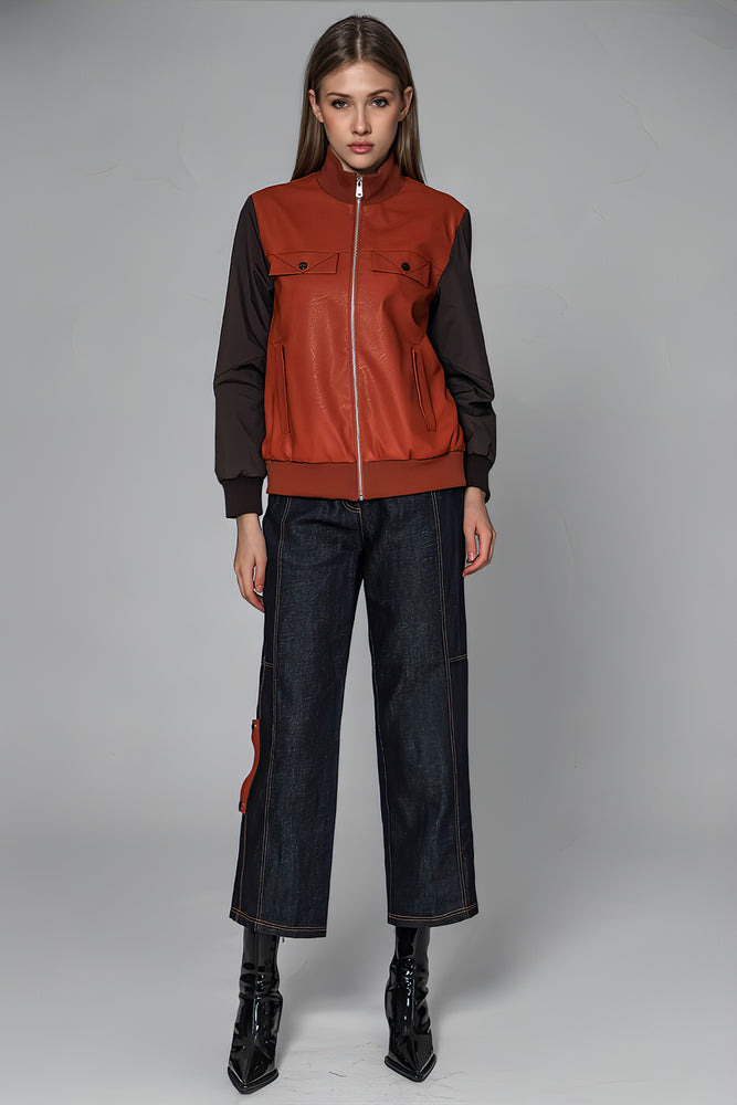 
                  
                    ORANGE/BLACK LEATHER-PANEL TRENCH JACKET
                  
                