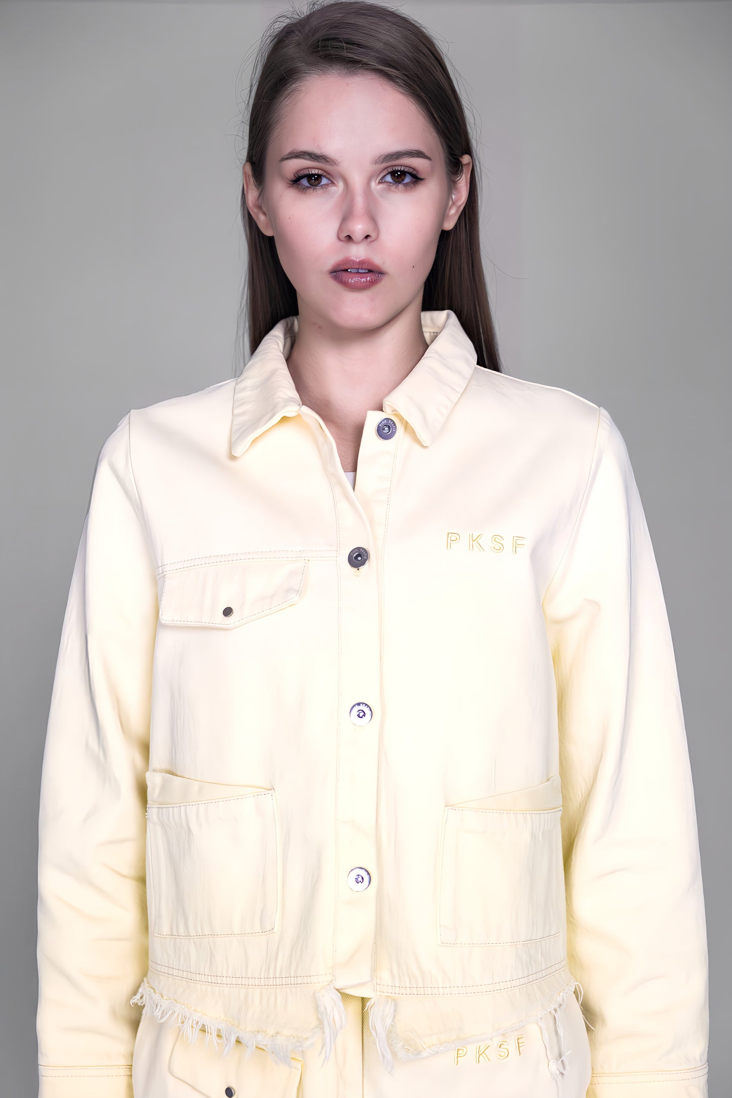 
                  
                    LIGHT YELLOW / SKIN BROWN HEAVY COTTON GRADIENT WASHED DENIM SHORT JACKET
                  
                