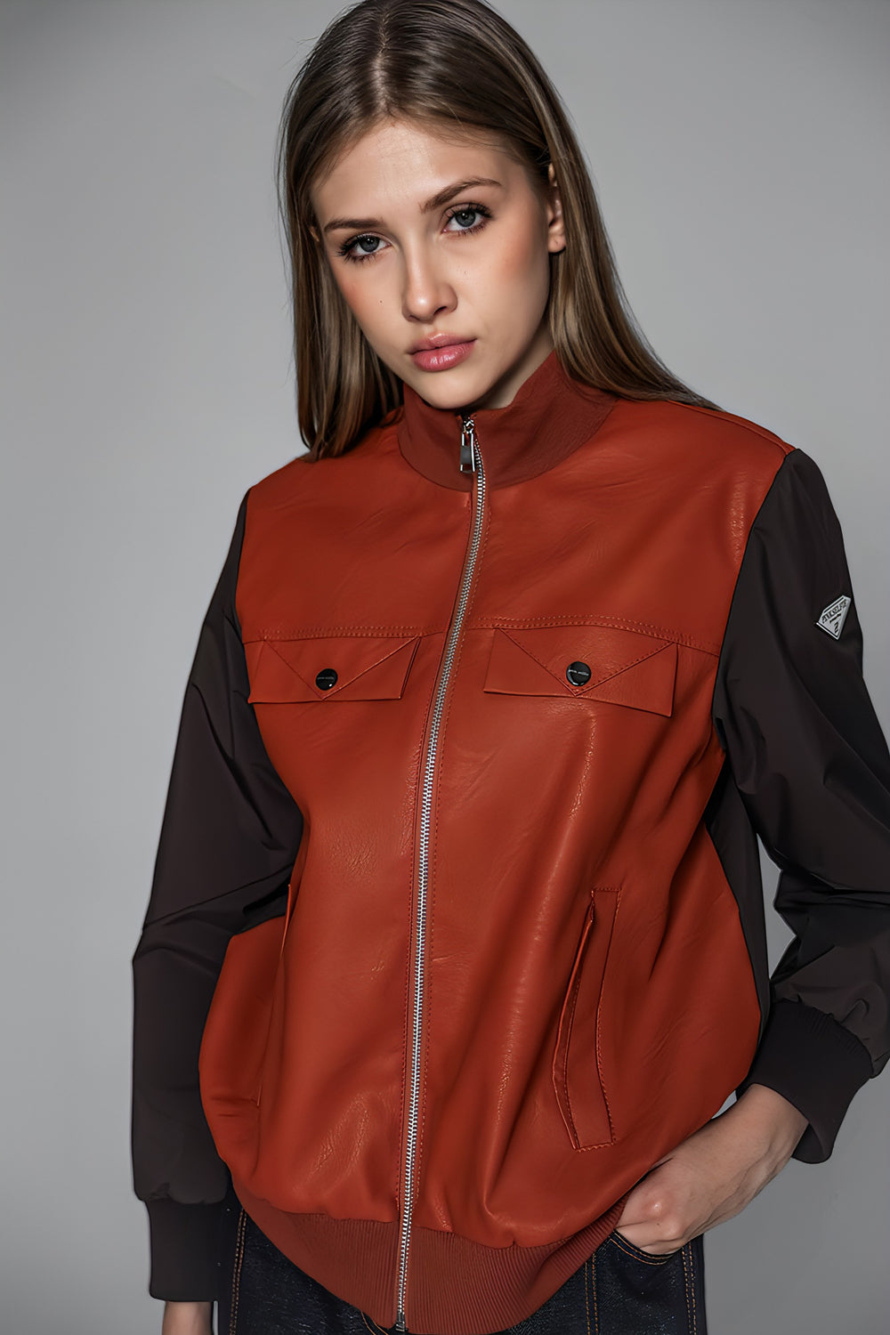 ORANGE/BLACK LEATHER-PANEL TRENCH JACKET