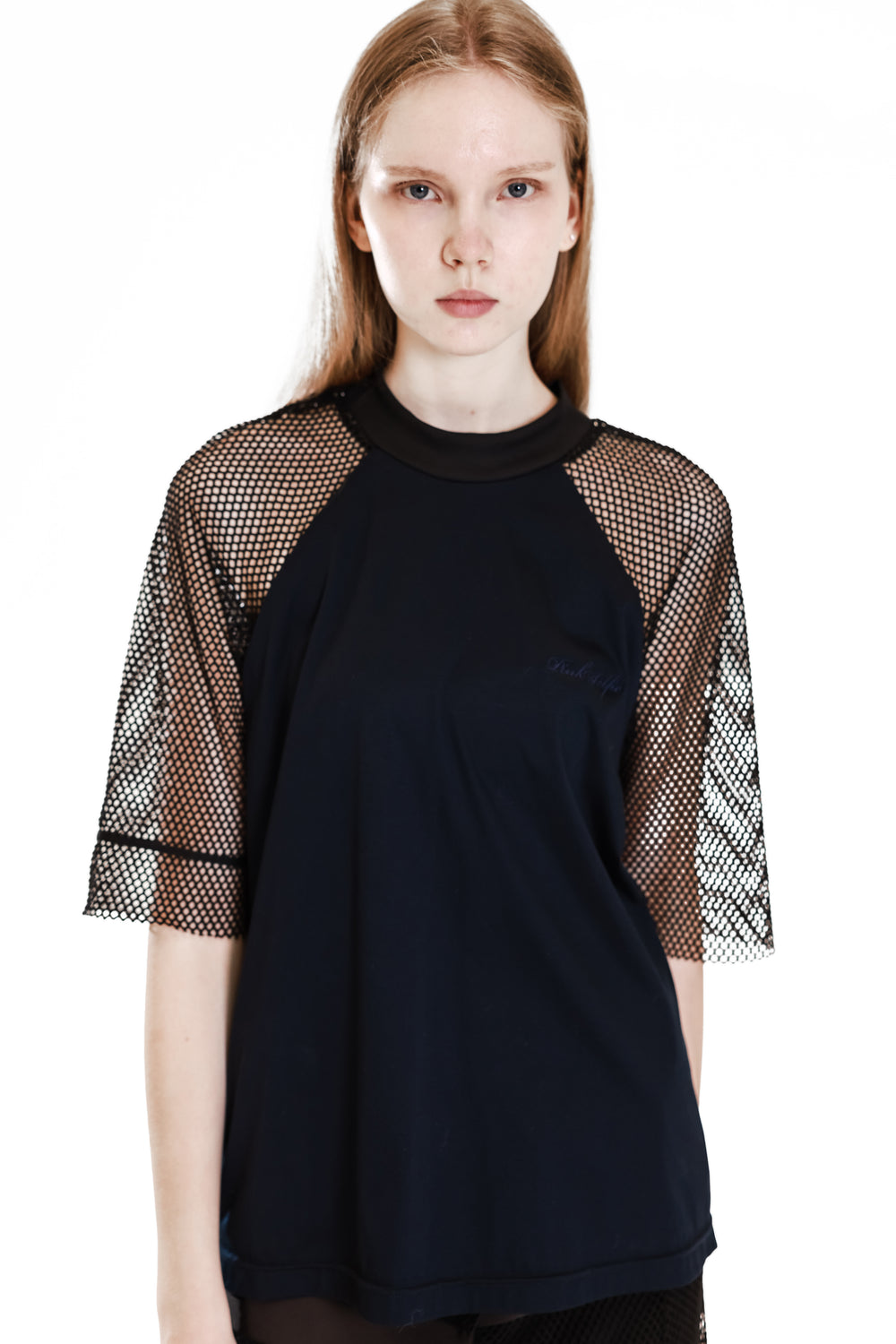 WHITE/BLACK COTTON PANEL MESH THREE-QUARTER SLEEVE LONG T-SHIRT