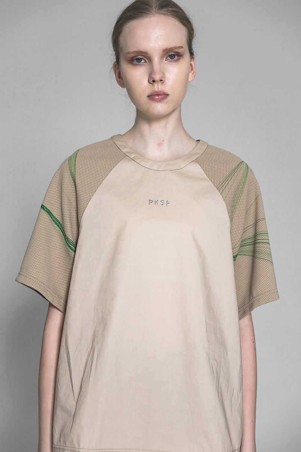 WHITE/KHAKI COTTON PANEL STRIPE PRINT LONG T-SHIRT