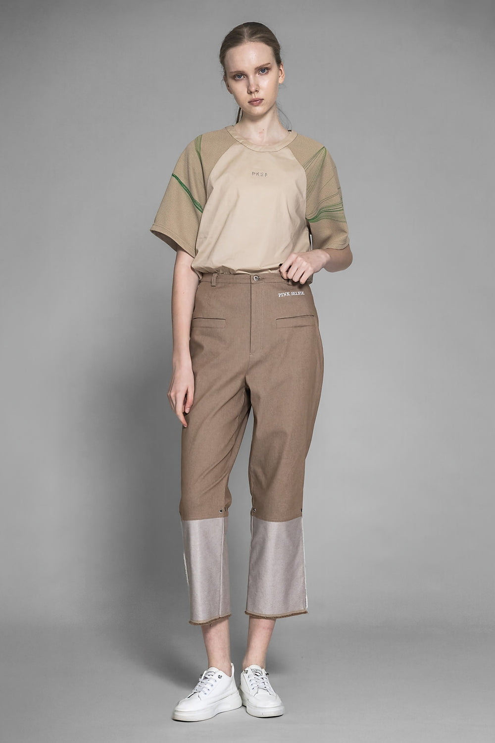 BROWN/BLUE DENIM STATEMENT CROPPED PANTS