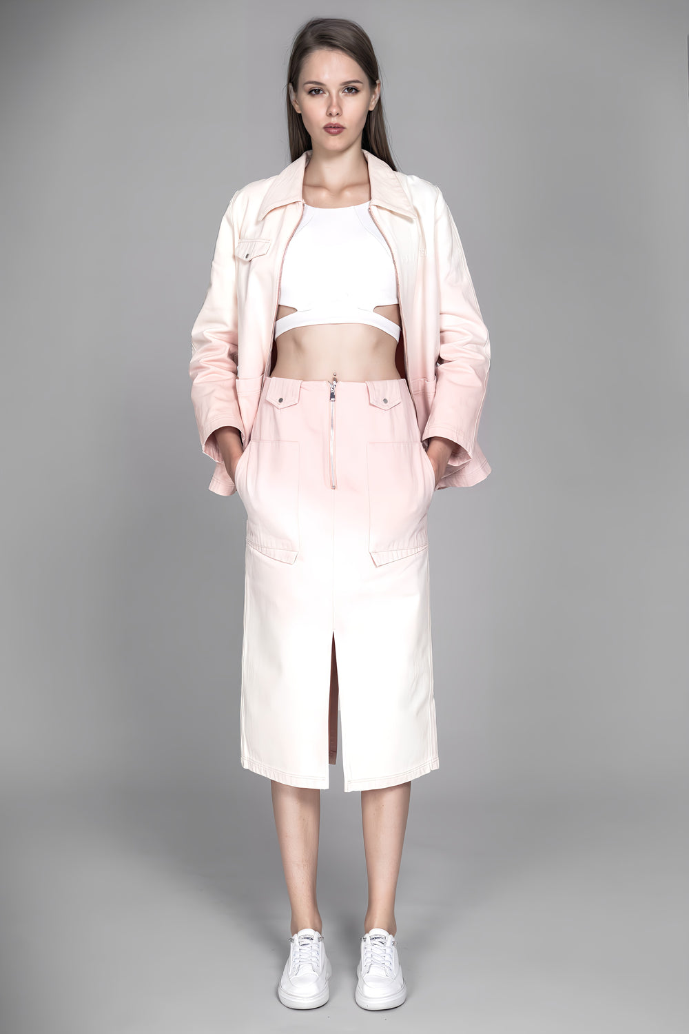 SKIN DENIM JACQUARD SLIT LONG SKIRT