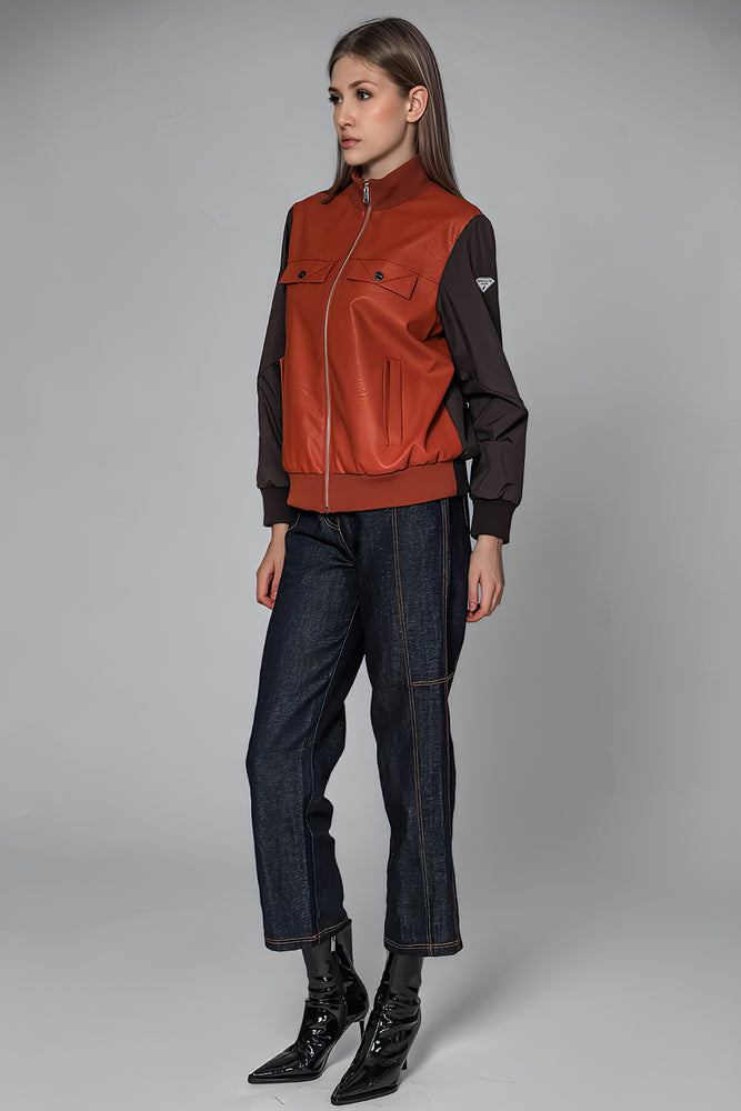 
                  
                    ORANGE/BLACK LEATHER-PANEL TRENCH JACKET
                  
                