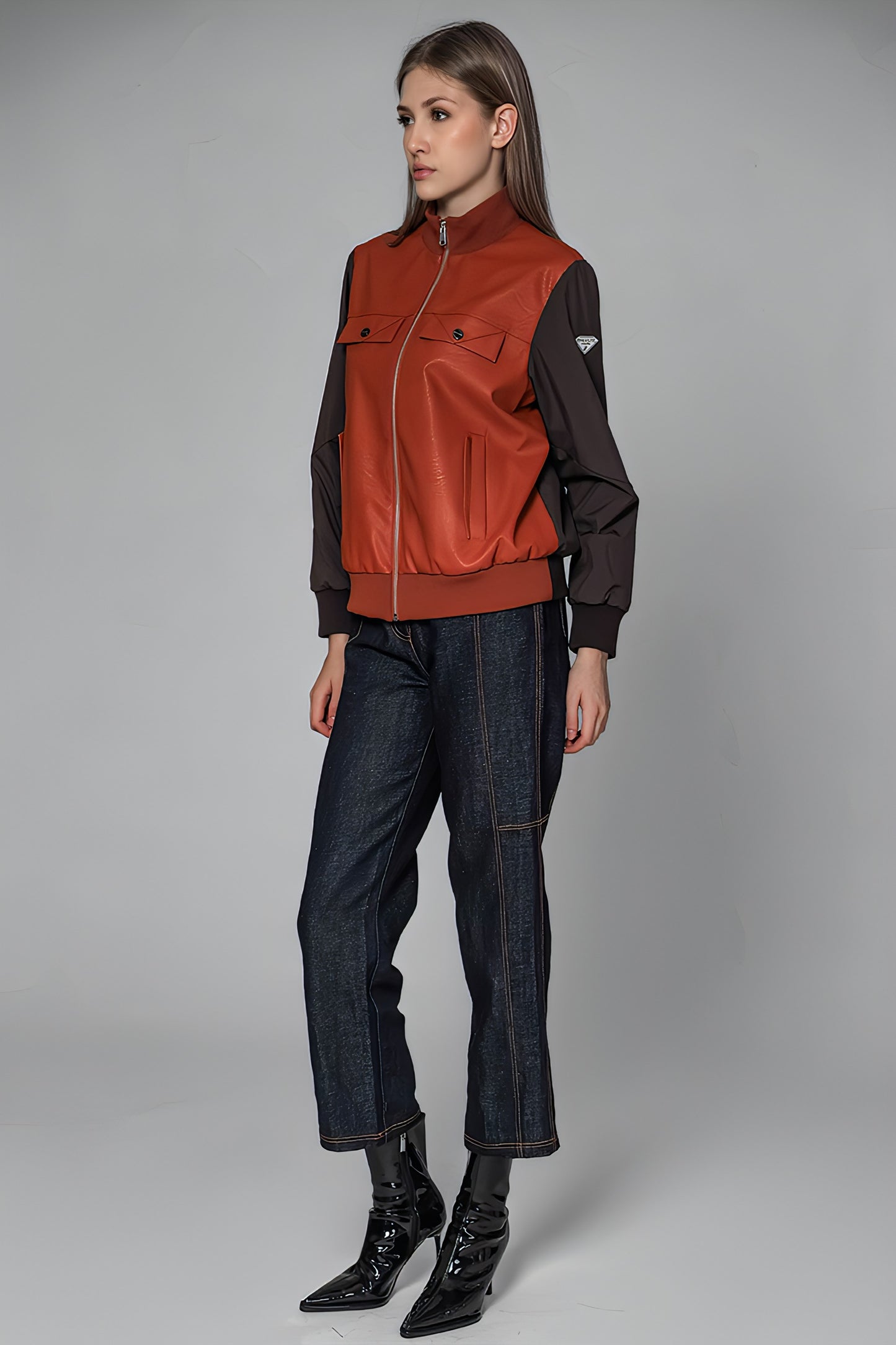 
                  
                    ORANGE/BLACK LEATHER-PANEL TRENCH JACKET
                  
                