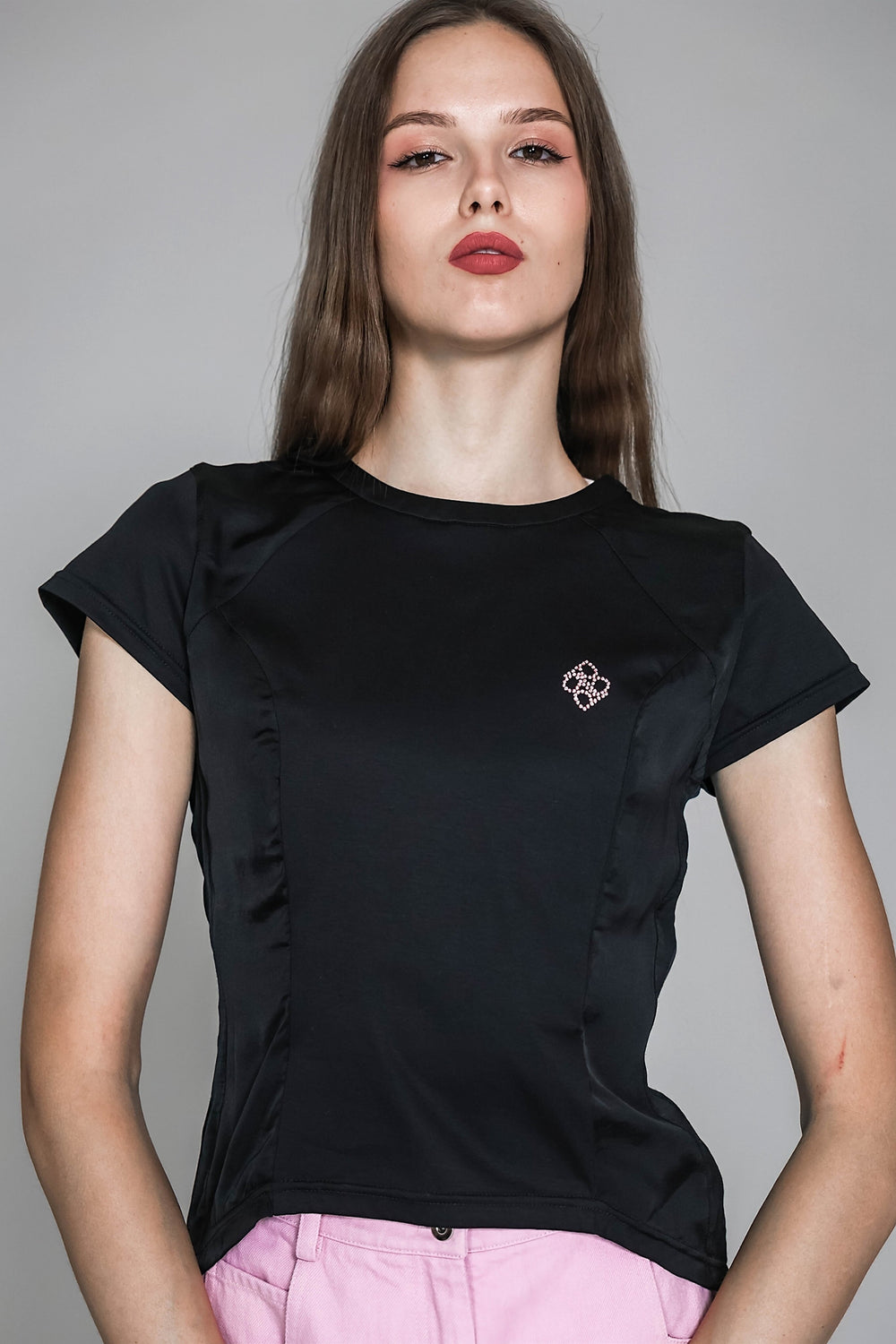 WHITE/BLACK COTTON SPLICED GABARDINE SLIM-FIT T-SHIRT