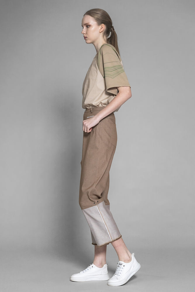 
                  
                    WHITE/KHAKI COTTON PANEL STRIPE PRINT LONG T-SHIRT
                  
                