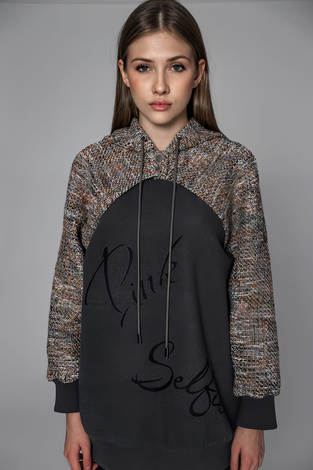 RED/GRAY WOOL-BLEND PANEL HOODED SWEATSHIRT