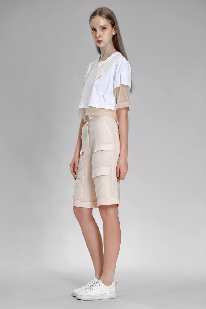
                  
                    WHITE COTTON PANELING WITH PINK SKIN / LIGHT BLUE MESH THREE-QUARTER CROPPED TEE
                  
                