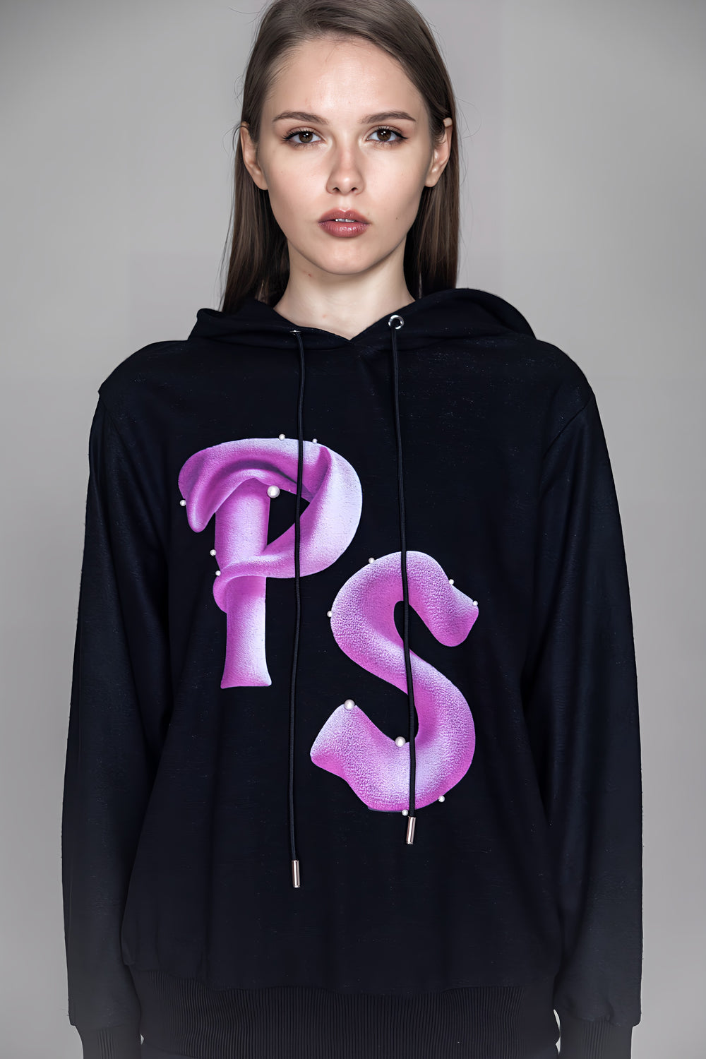 BLACK/GREEN WOOLEN PS PRINT LONG HOODIE
