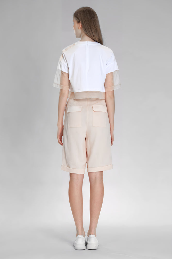 
                  
                    WHITE COTTON PANELING WITH PINK SKIN / LIGHT BLUE MESH THREE-QUARTER CROPPED TEE
                  
                