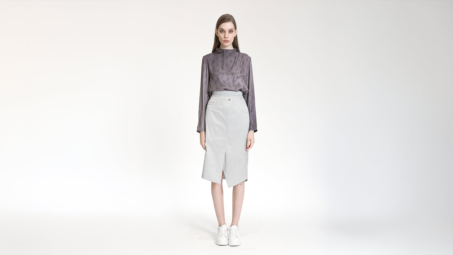 LIGHT GREY ASYMMETRICAL SLIT MID-LENGTH  SKIRT