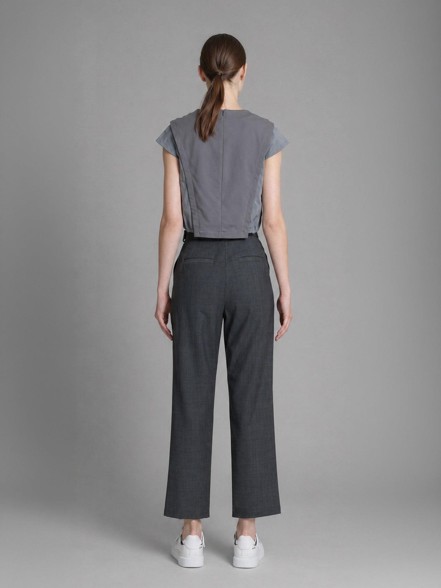MIDNIGHT BLACK / COOL MIST GREY SUIT WAIST-BUCKLE STRAIGHT-LEG PANTS