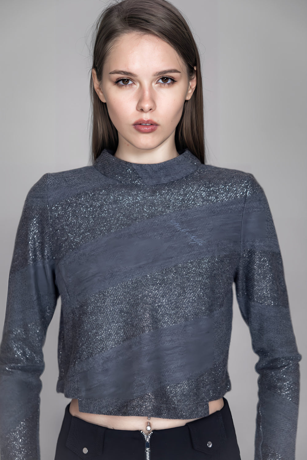 GRAY SILVER LUREX WOOL CROPPED TOP WITH LOGO EMBROIDERY