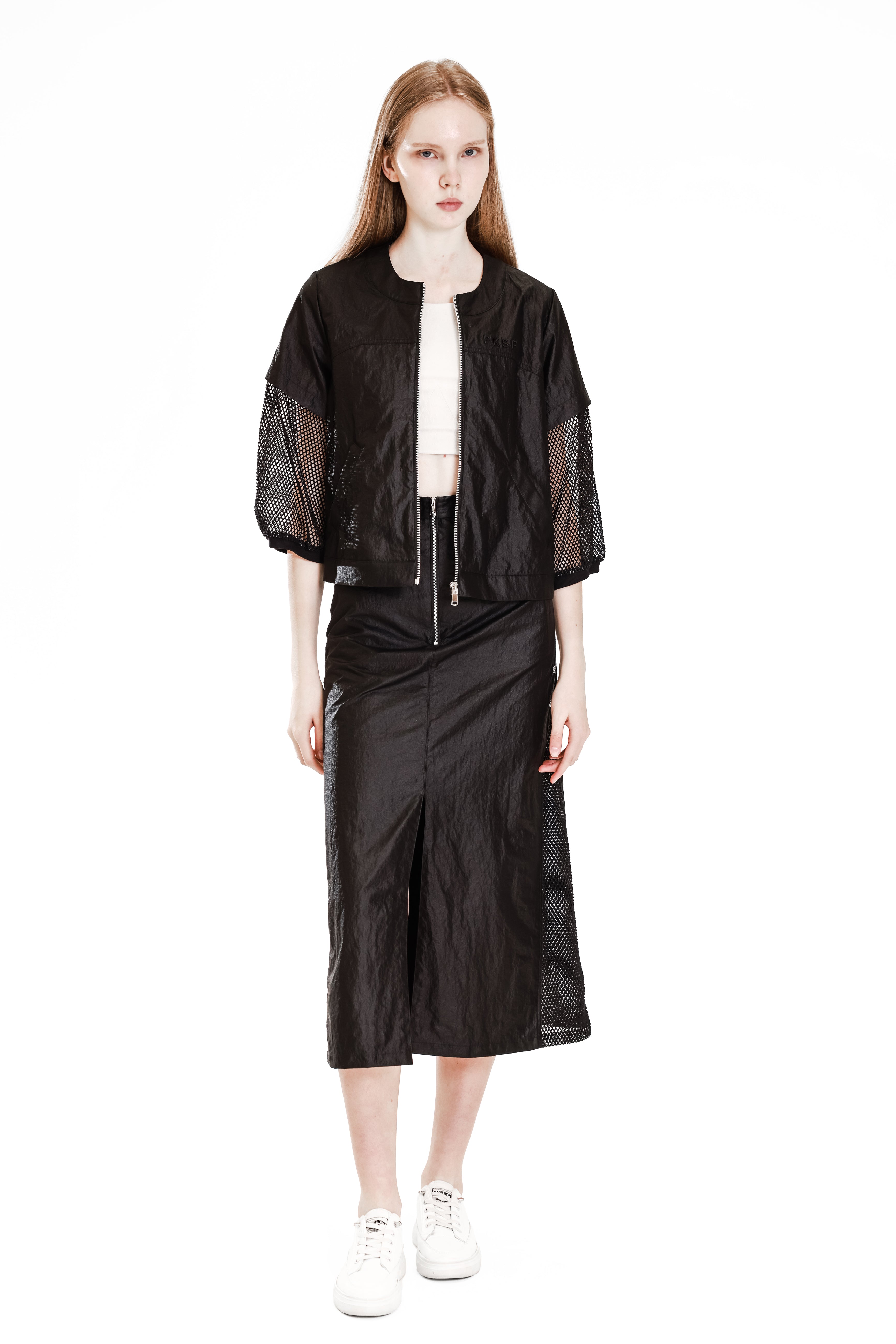 WHITE/BLACK MESH-PANEL WINDBREAKER A-LINE MAXI SKIRT
