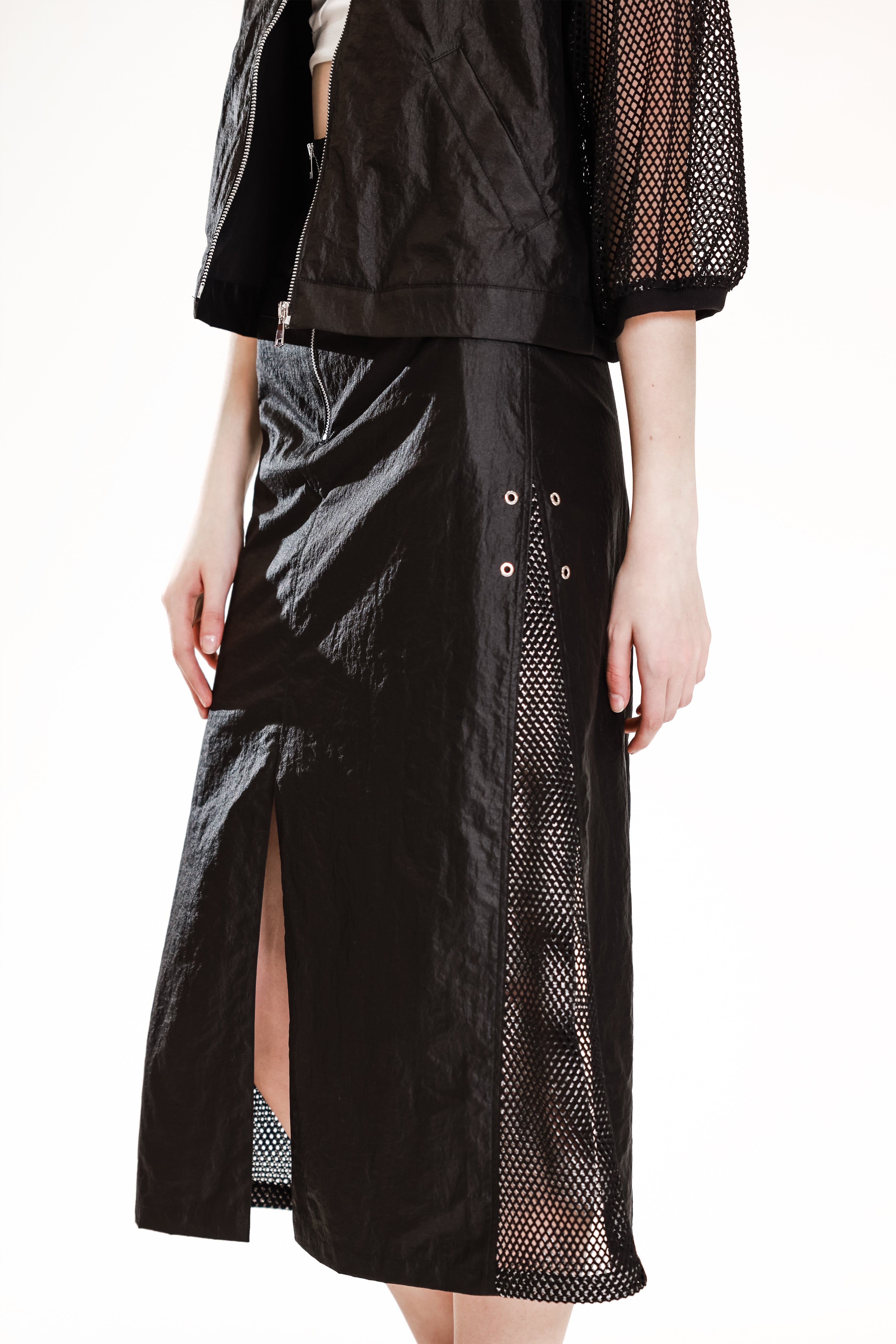 WHITE/BLACK MESH-PANEL WINDBREAKER A-LINE MAXI SKIRT