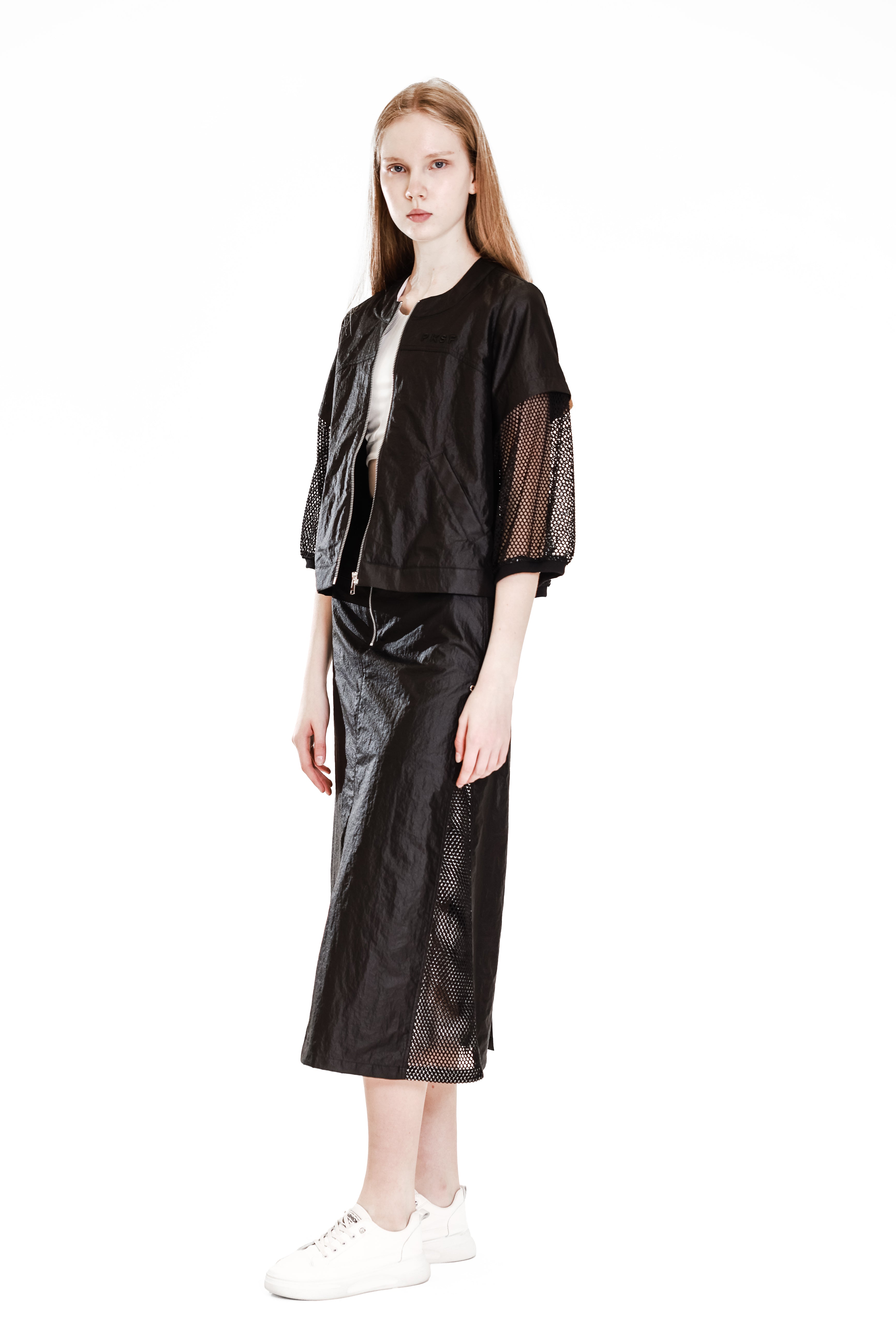 WHITE/BLACK MESH-PANEL WINDBREAKER A-LINE MAXI SKIRT