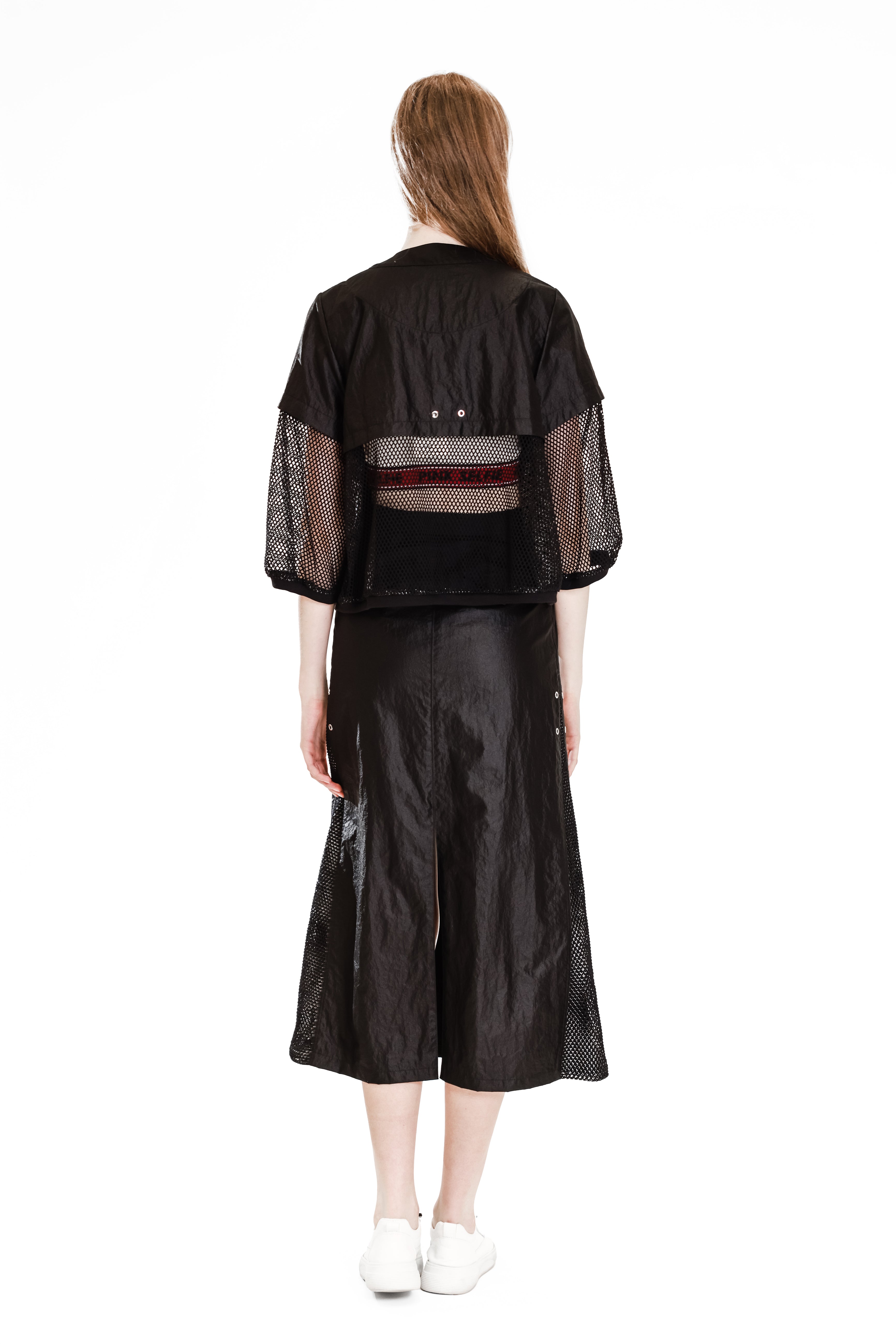 WHITE/BLACK MESH-PANEL WINDBREAKER A-LINE MAXI SKIRT