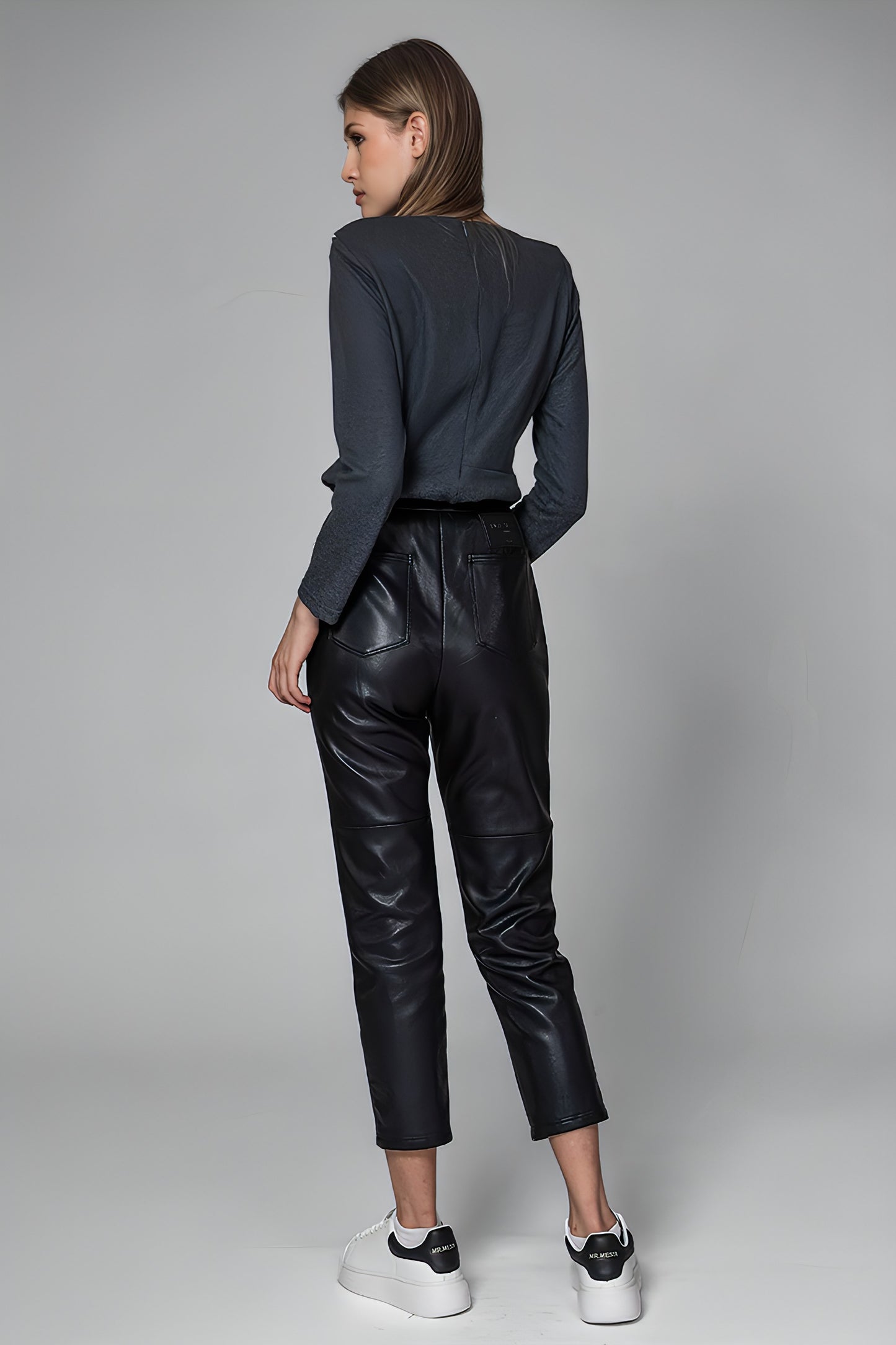 
                  
                    BLACK LEATHER STRAIGHT-LEG PANTS
                  
                
