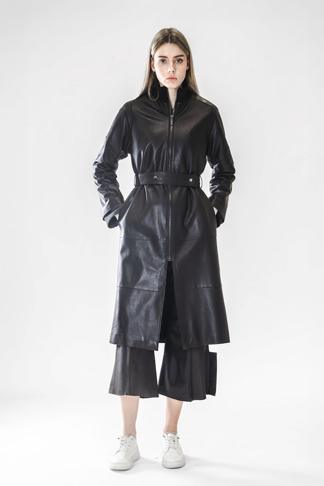 FASHION BLACK STATEMENT LEATHER LONG COAT