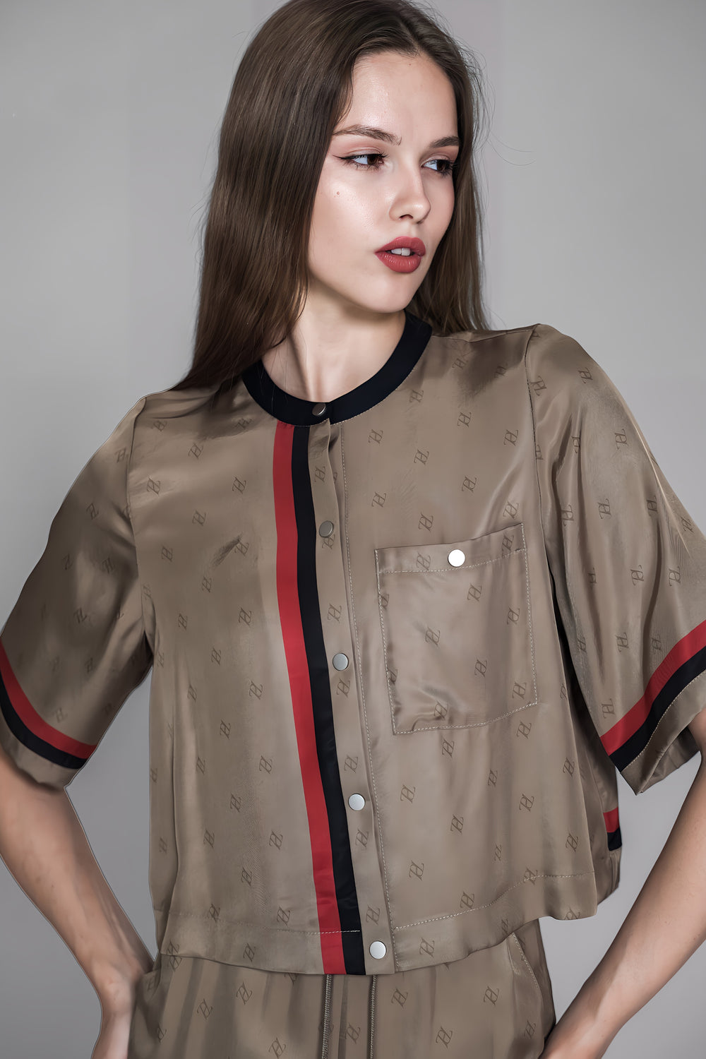 LOTUS GREY/BROWN LOGO PRINT SHORT JACKET