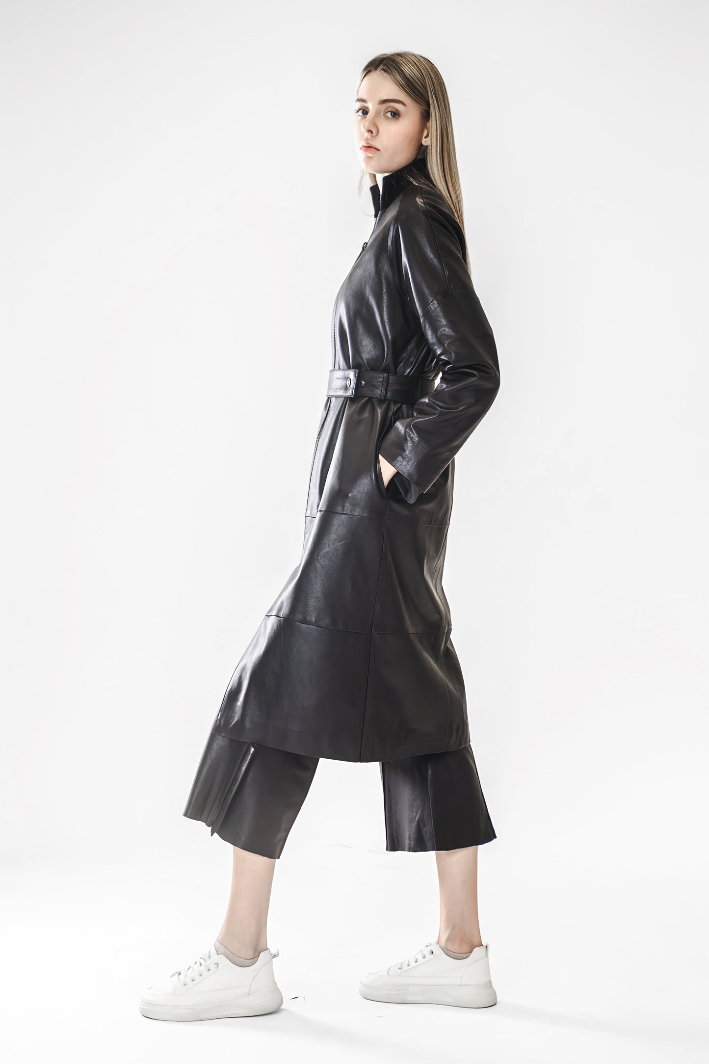 FASHION BLACK STATEMENT LEATHER LONG COAT