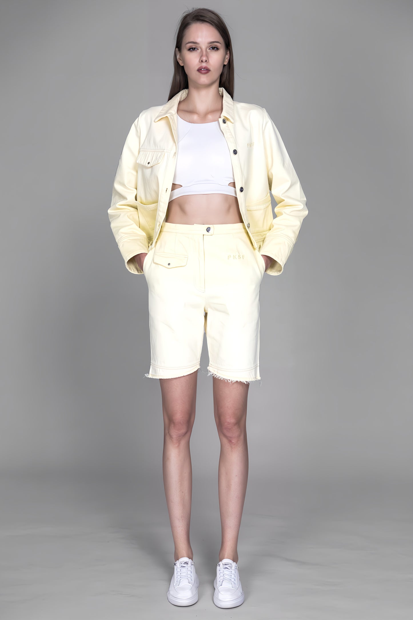 
                  
                    LIGHT YELLOW / SKIN BROWN HEAVY COTTON GRADIENT WASHED DENIM SHORTS
                  
                