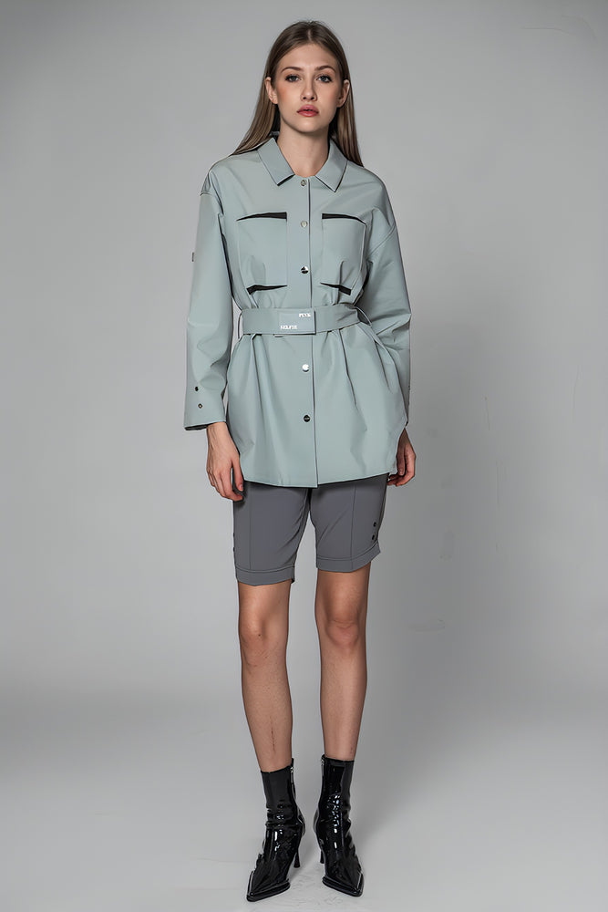 
                  
                    LIME GREEN/GLACIER GREY CONVERTIBLE SHIRT-BELTED TRENCH COAT
                  
                