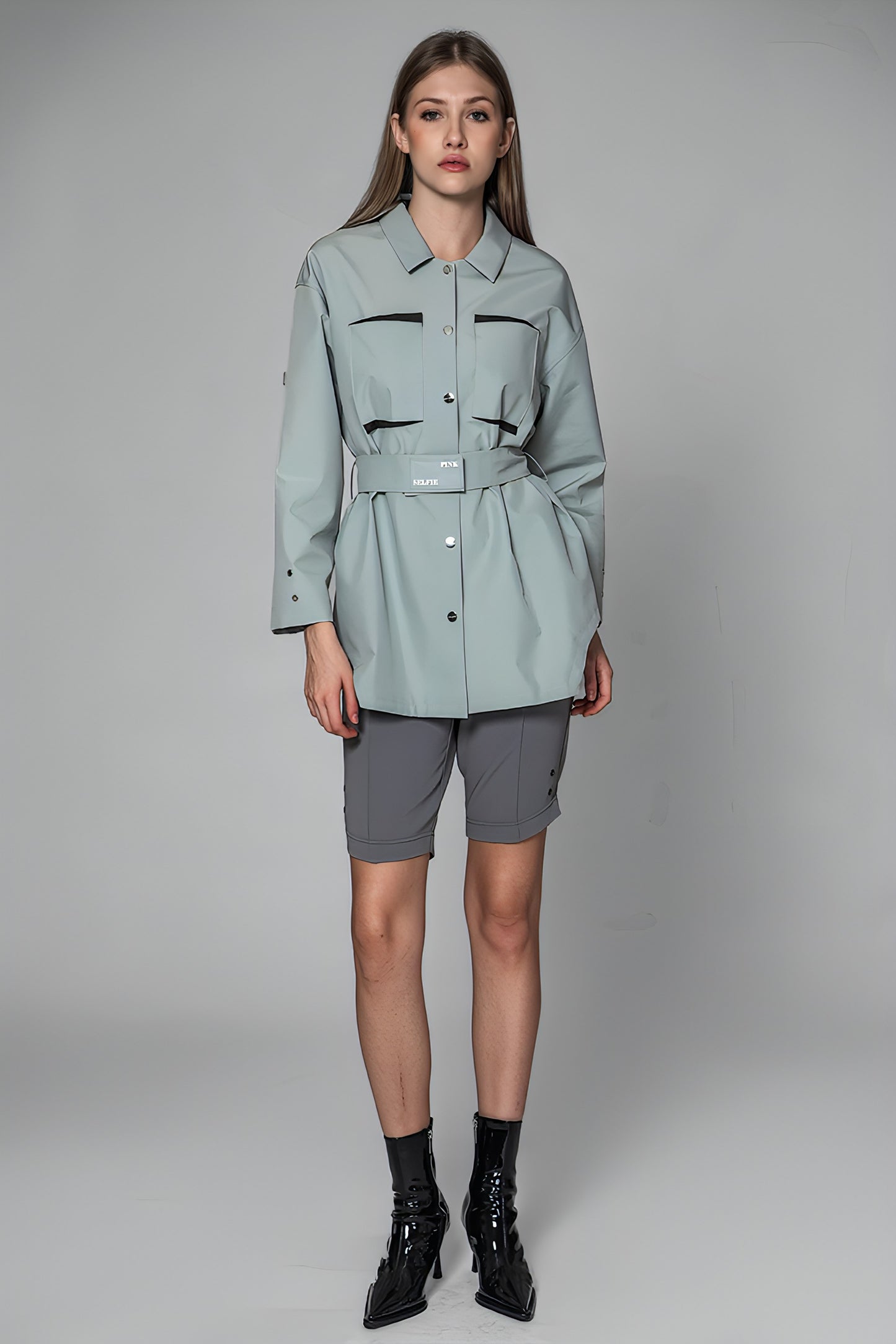 
                  
                    LIME GREEN/GLACIER GREY CONVERTIBLE SHIRT-BELTED TRENCH COAT
                  
                