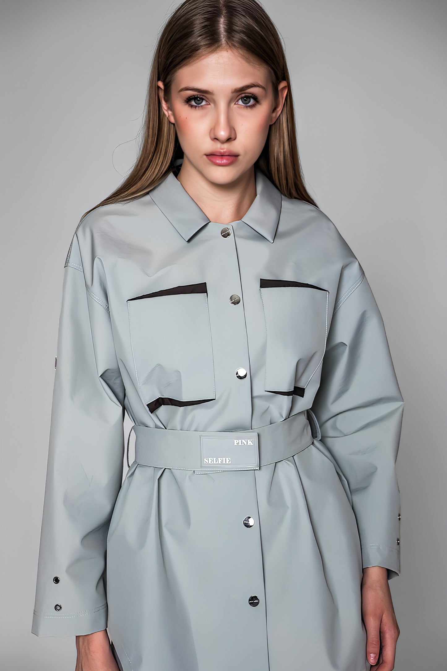 
                  
                    LIME GREEN/GLACIER GREY CONVERTIBLE SHIRT-BELTED TRENCH COAT
                  
                