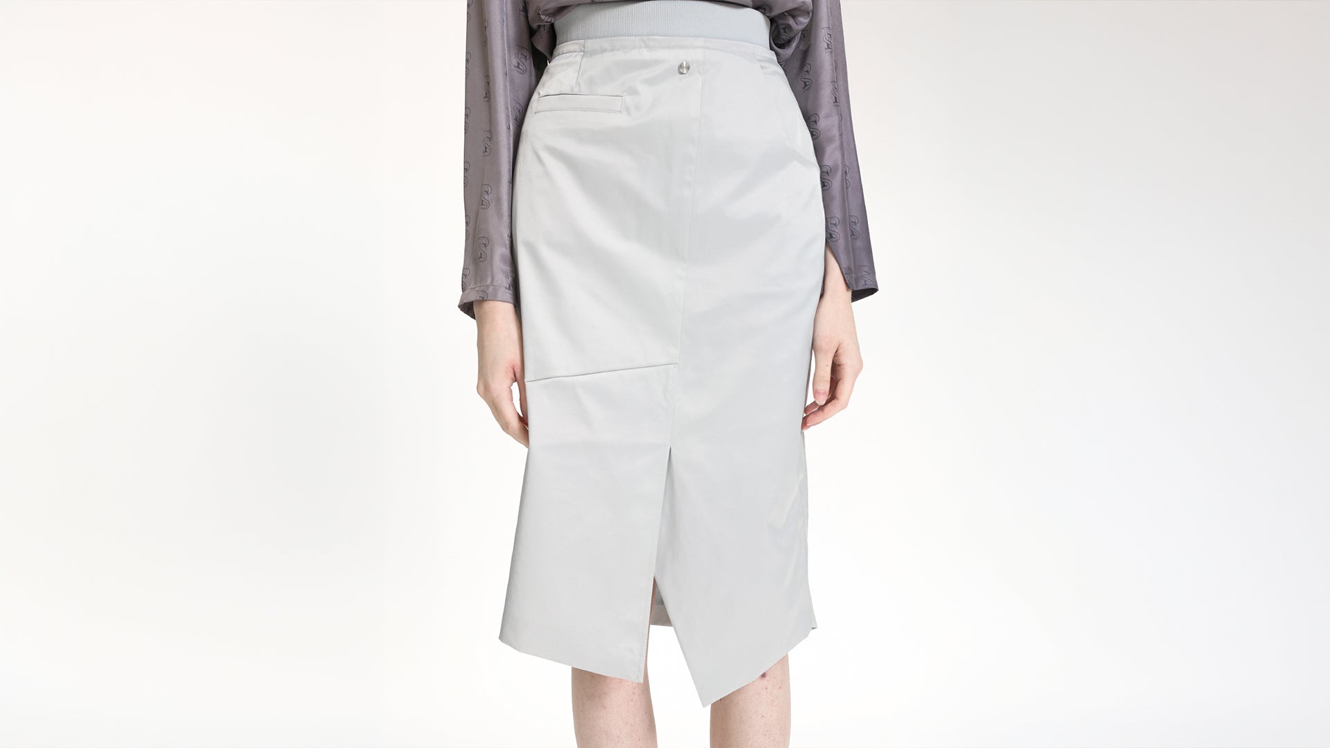 LIGHT GREY ASYMMETRICAL SLIT MID-LENGTH  SKIRT