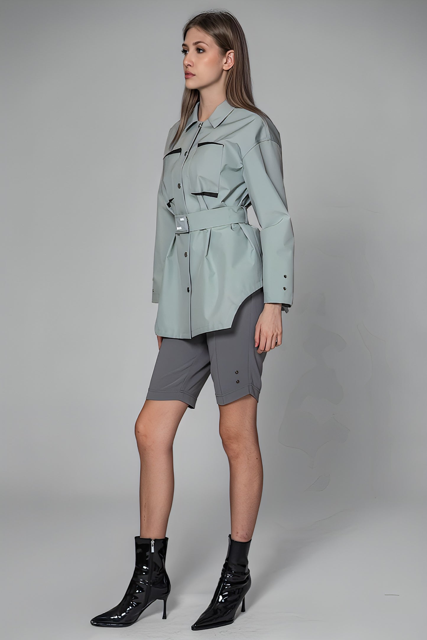 
                  
                    LIME GREEN/GLACIER GREY CONVERTIBLE SHIRT-BELTED TRENCH COAT
                  
                