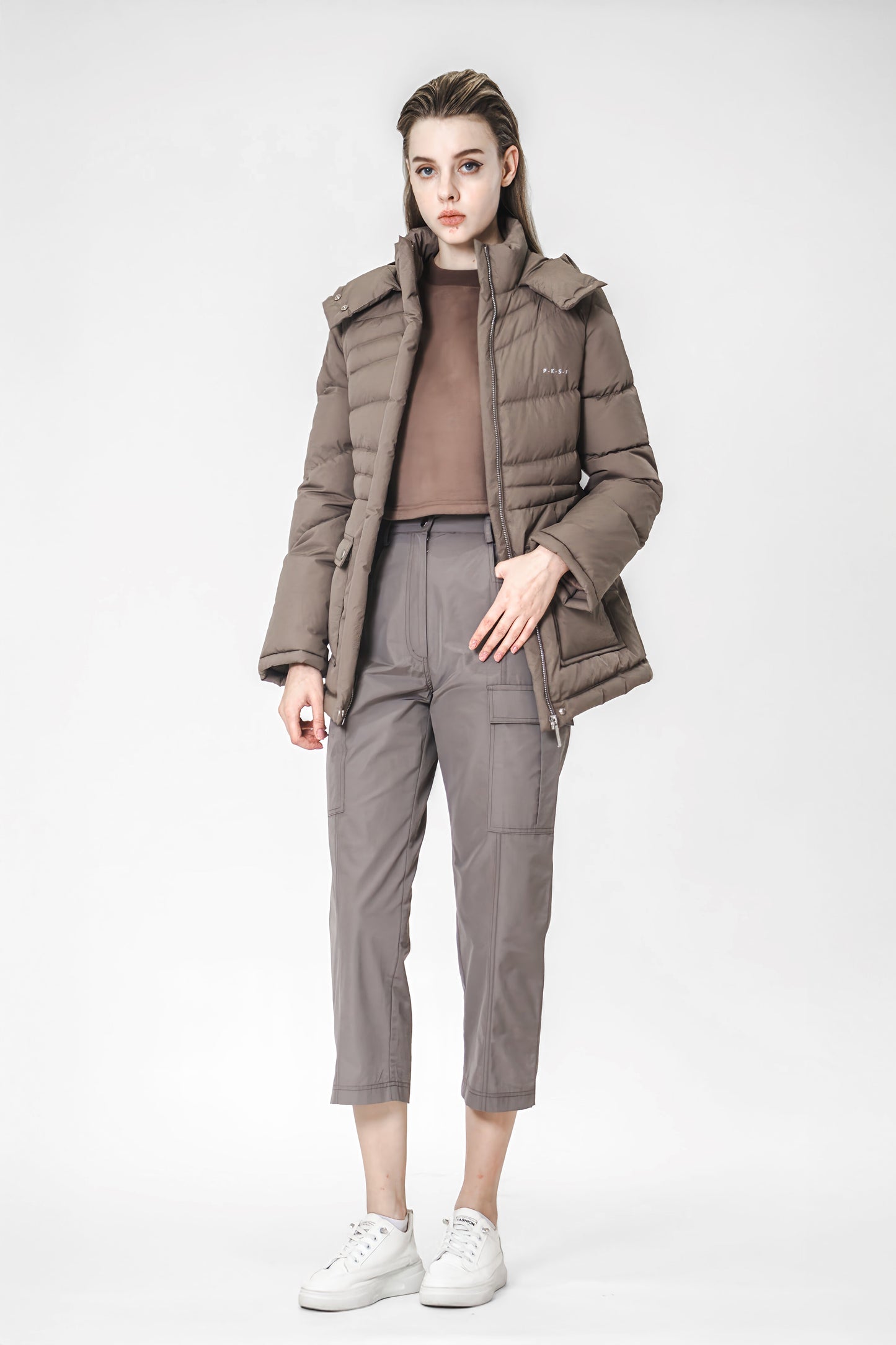 MISTY GRAY-BLUE / CHESTNUT BROWN MID-LENGTH DOWN COAT