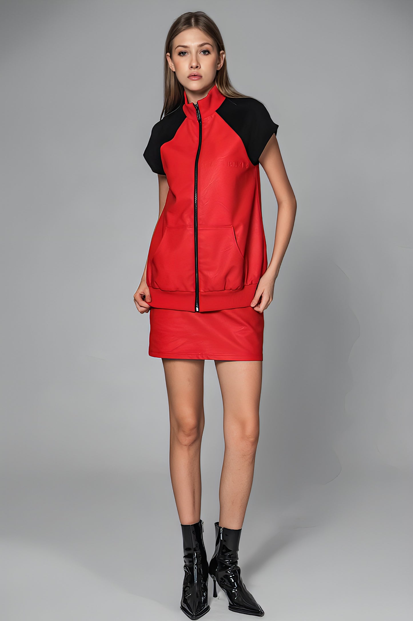 
                  
                    RED/BLACK ECO-LEATHER MINI SKIRT
                  
                