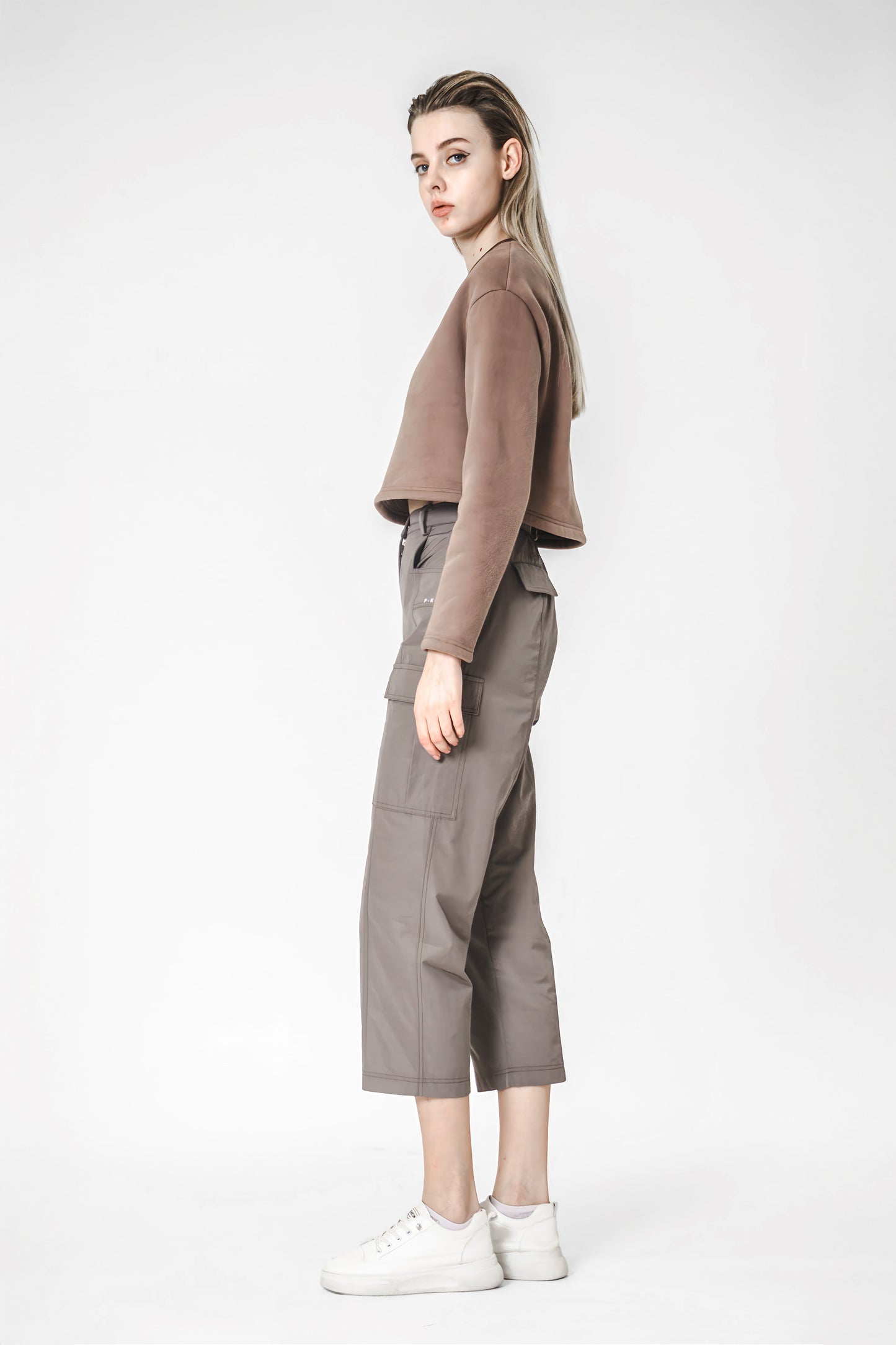 BROWN/DARK GREEN HIGH-WAIST CASUAL TROUSERS