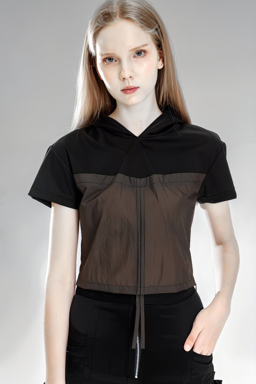 PURPLE/BROWN TRENCH PATCHWORK BLACK COTTON HOODED CROP TOP