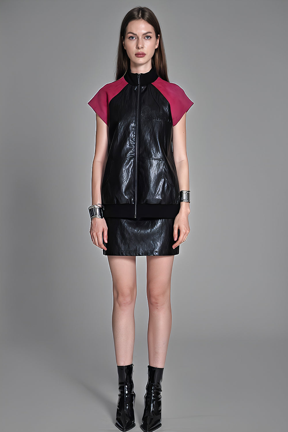 RED/BLACK ECO-LEATHER MINI SKIRT