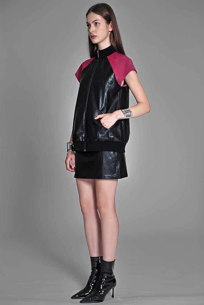 
                  
                    RED/BLACK ECO-LEATHER MINI SKIRT
                  
                