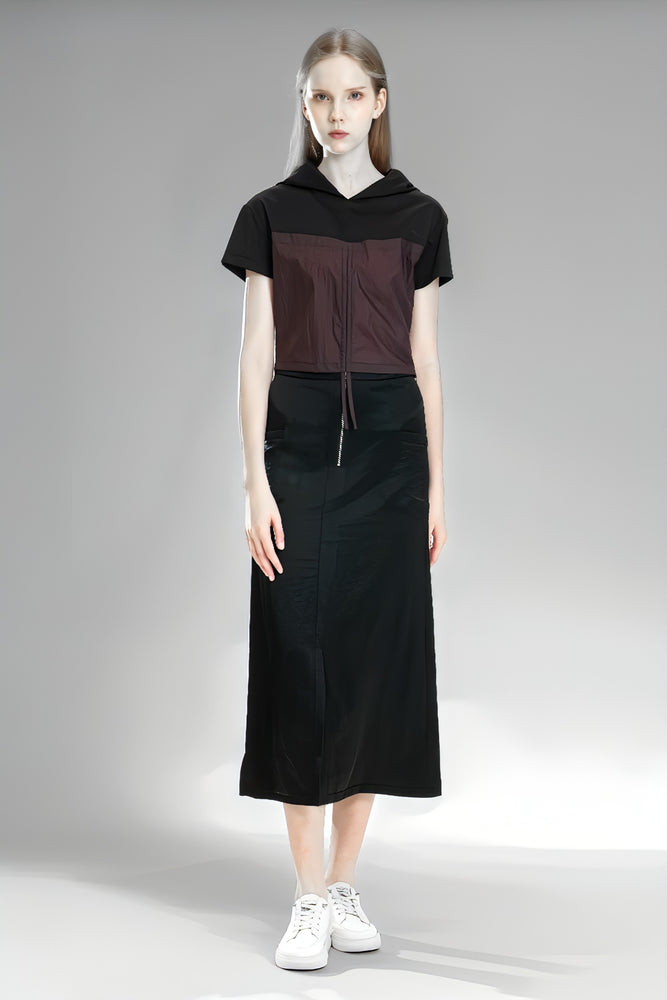 
                  
                    PURPLE/BROWN TRENCH PATCHWORK BLACK COTTON HOODED CROP TOP
                  
                