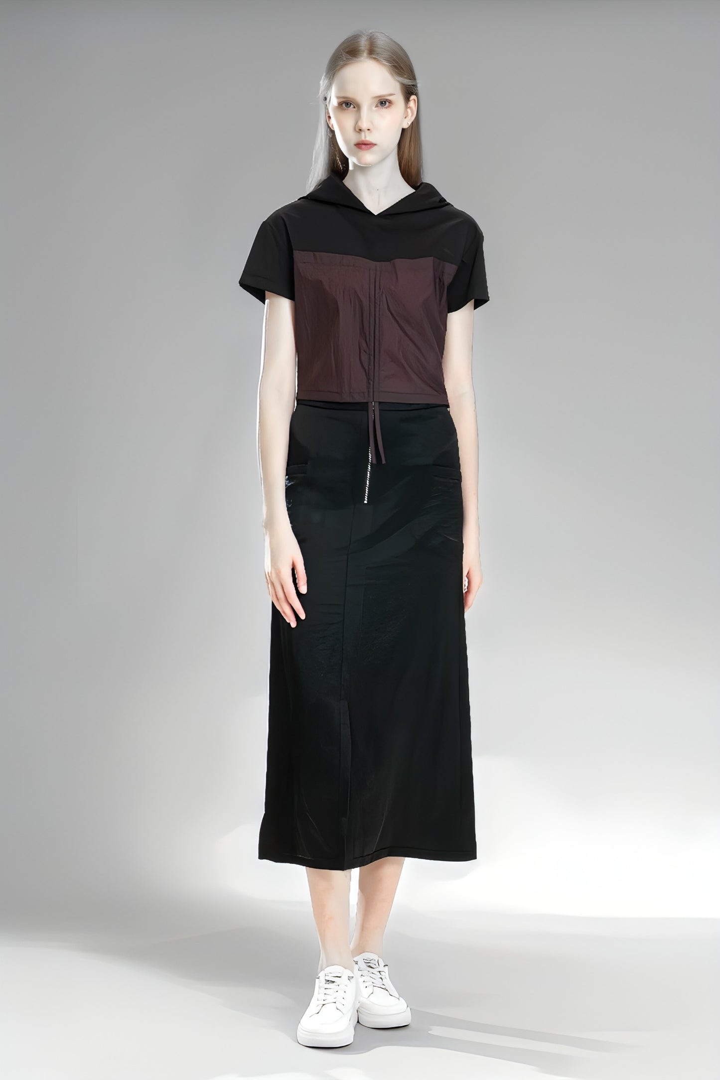 
                  
                    PURPLE/BROWN TRENCH PATCHWORK BLACK COTTON HOODED CROP TOP
                  
                