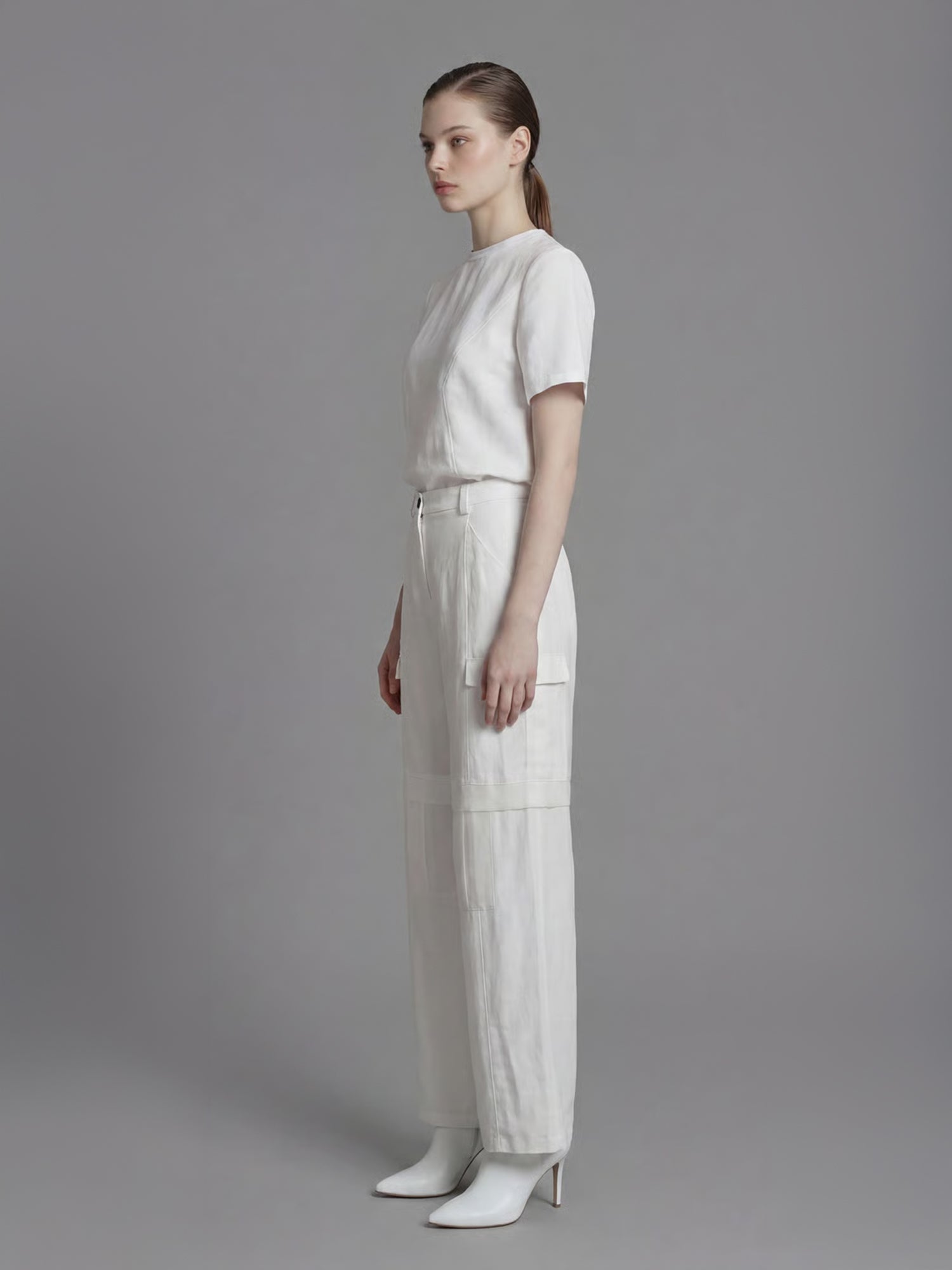 CLASSIC BLACK/STARLIGHT WHITE LINEN UTILITY STRAIGHT-LEG LOOSE PANTS