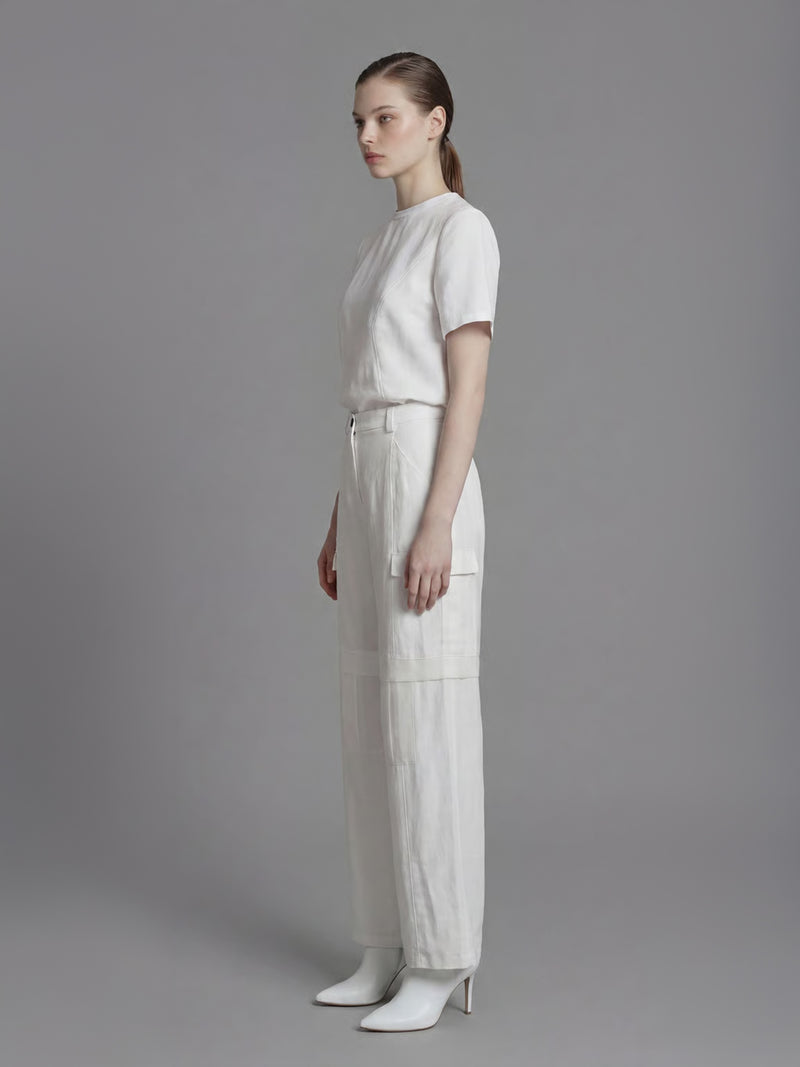 CLASSIC BLACK/STARLIGHT WHITE LINEN UTILITY STRAIGHT-LEG LOOSE PANTS