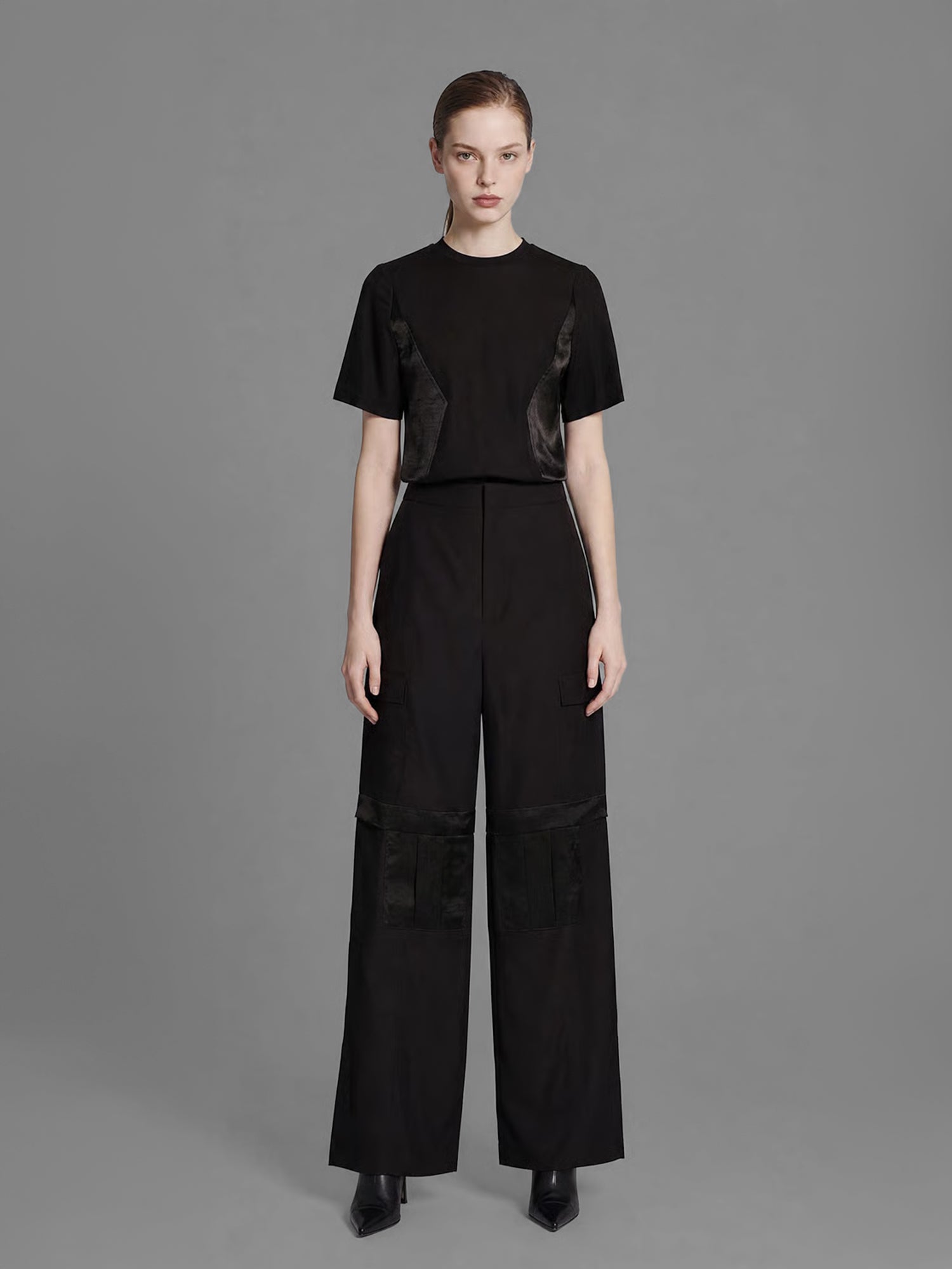 CLASSIC BLACK/STARLIGHT WHITE LINEN UTILITY STRAIGHT-LEG LOOSE PANTS