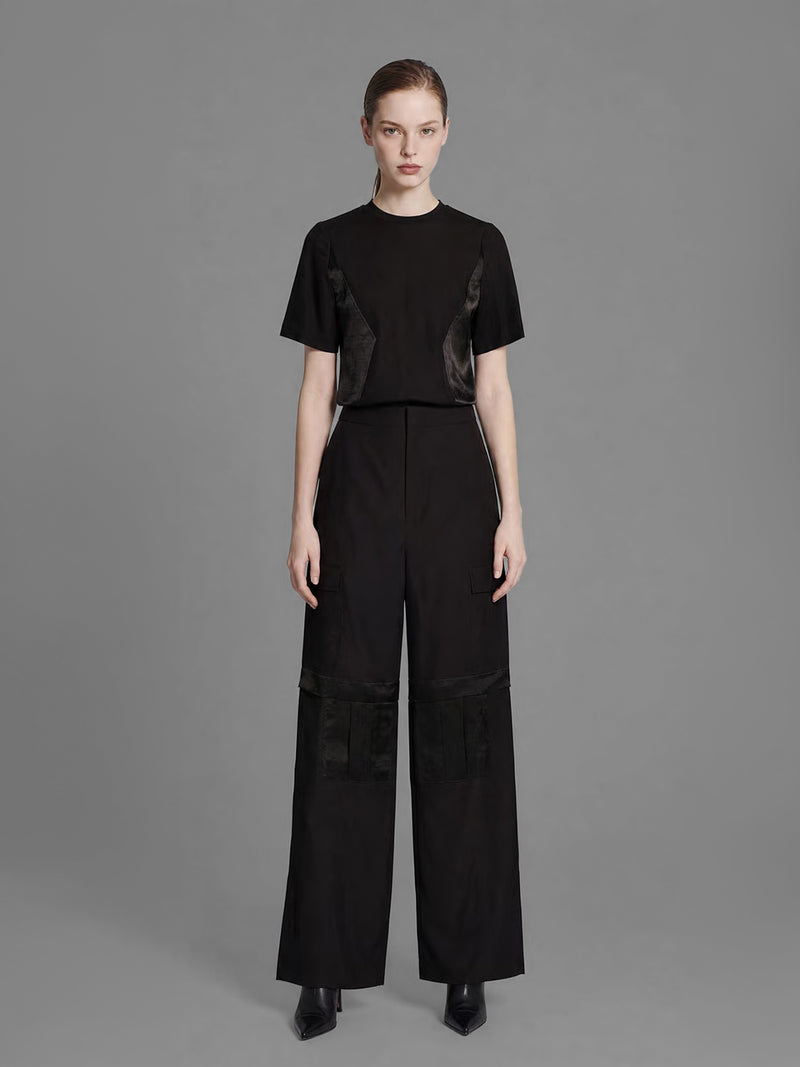 CLASSIC BLACK/STARLIGHT WHITE LINEN UTILITY STRAIGHT-LEG LOOSE PANTS