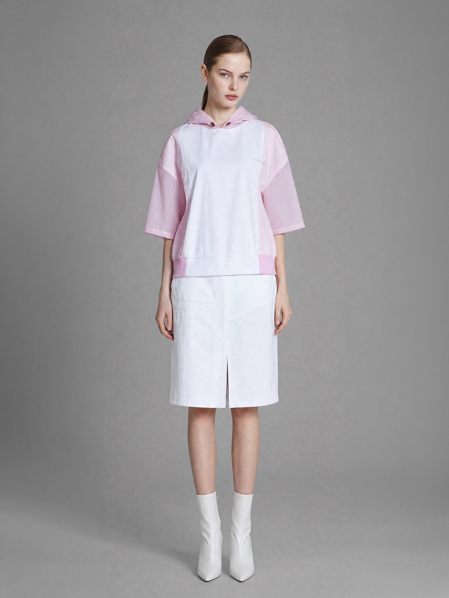 ICE BLUE / SOFT BLUSH PINK TRENCH PANEL HOODED TOP