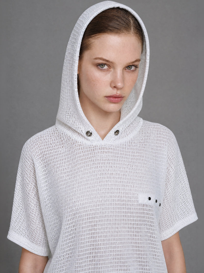 CLASSIC BLACK / STARRY WHITE MESH-PANEL SATEEN HOODED TEE