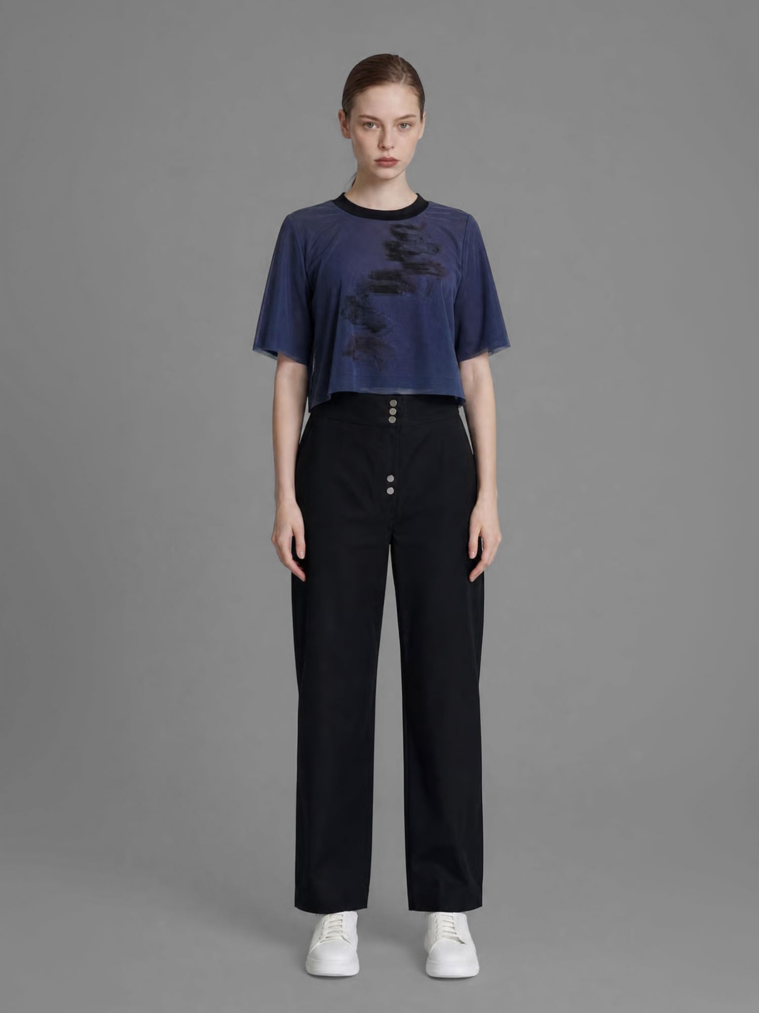 COOL BLACK/SMOKY GRAY SHEER MESH PRINT TOP