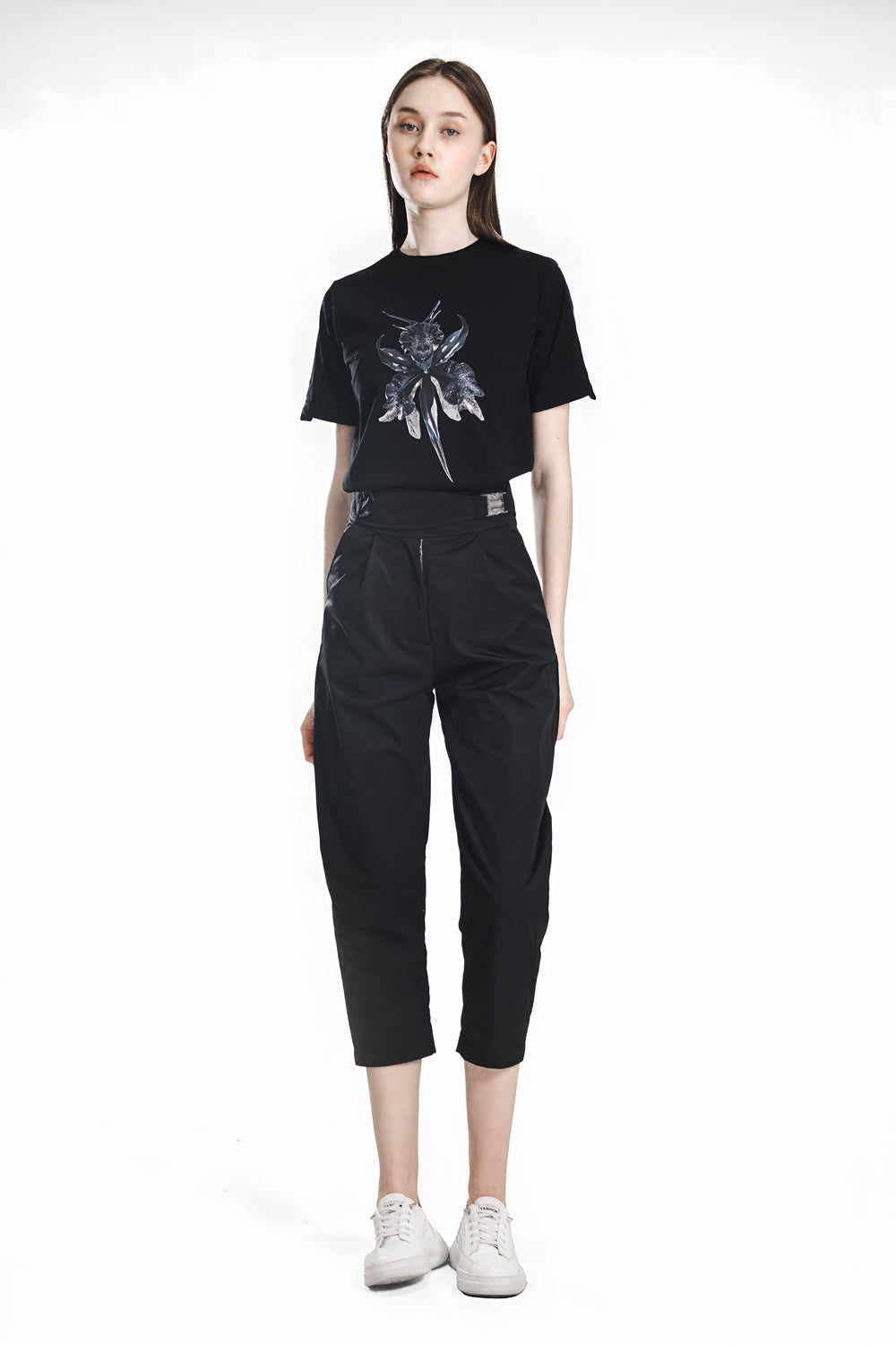 BLACK/BRIGHT WHITE WIDE WAISTBAND LONG DRAWSTRING PANTS