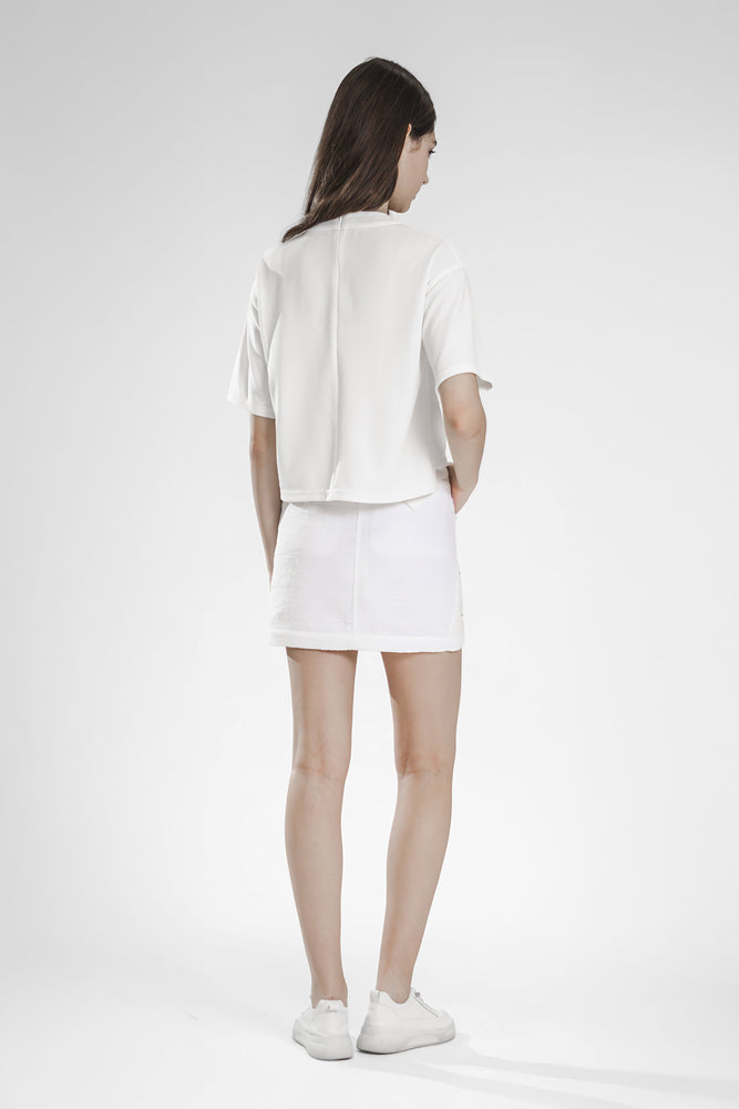 
                  
                    BRIGHT WHITE / BLACK WOOL BLEND AND LEATHER PATCHWORK SKIRT
                  
                