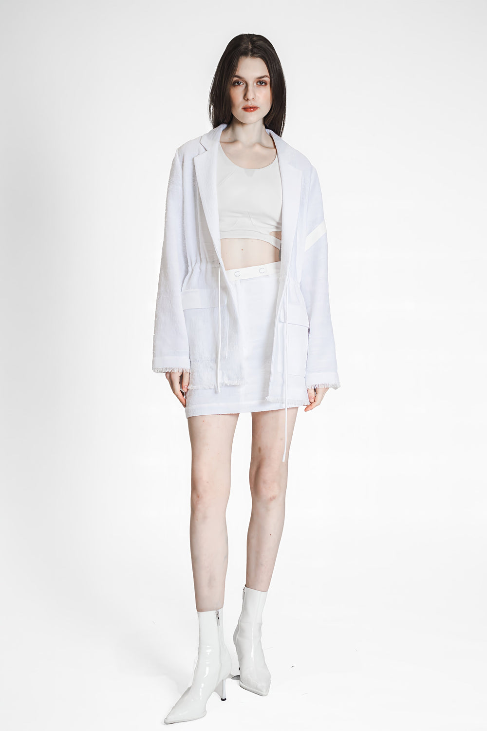 BRIGHT WHITE / BLACK WOOL BLEND AND LEATHER PATCHWORK SKIRT